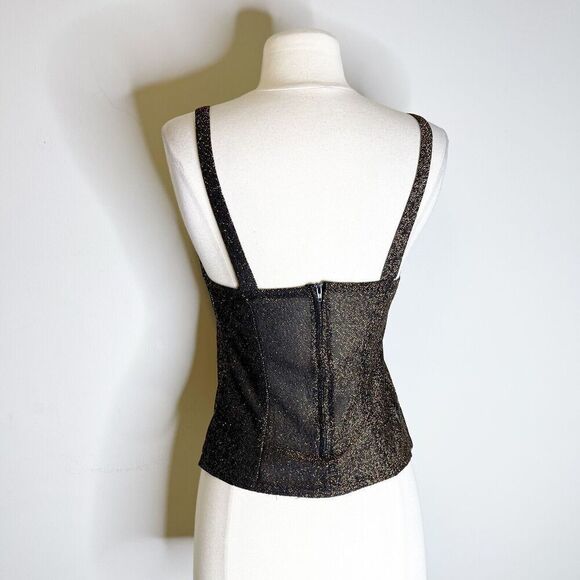Vintage 80s XS/S Lurex Knit Tank Top Black Gold Strappy Crop Semi-Sheer Light - Picture 14 of 16